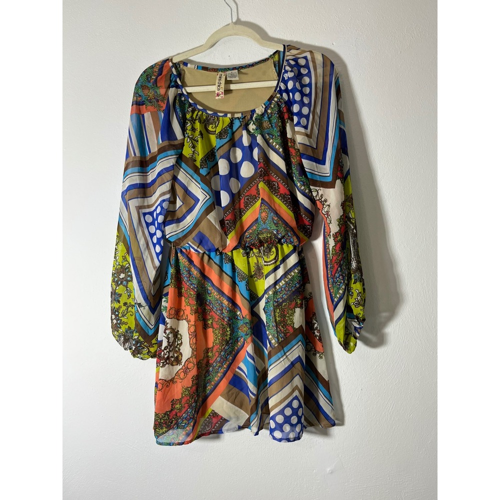 Mimi Chica Womans Boho Patchwork‎ Paisley Polka Dot Mini Dress Long Sleeve Small